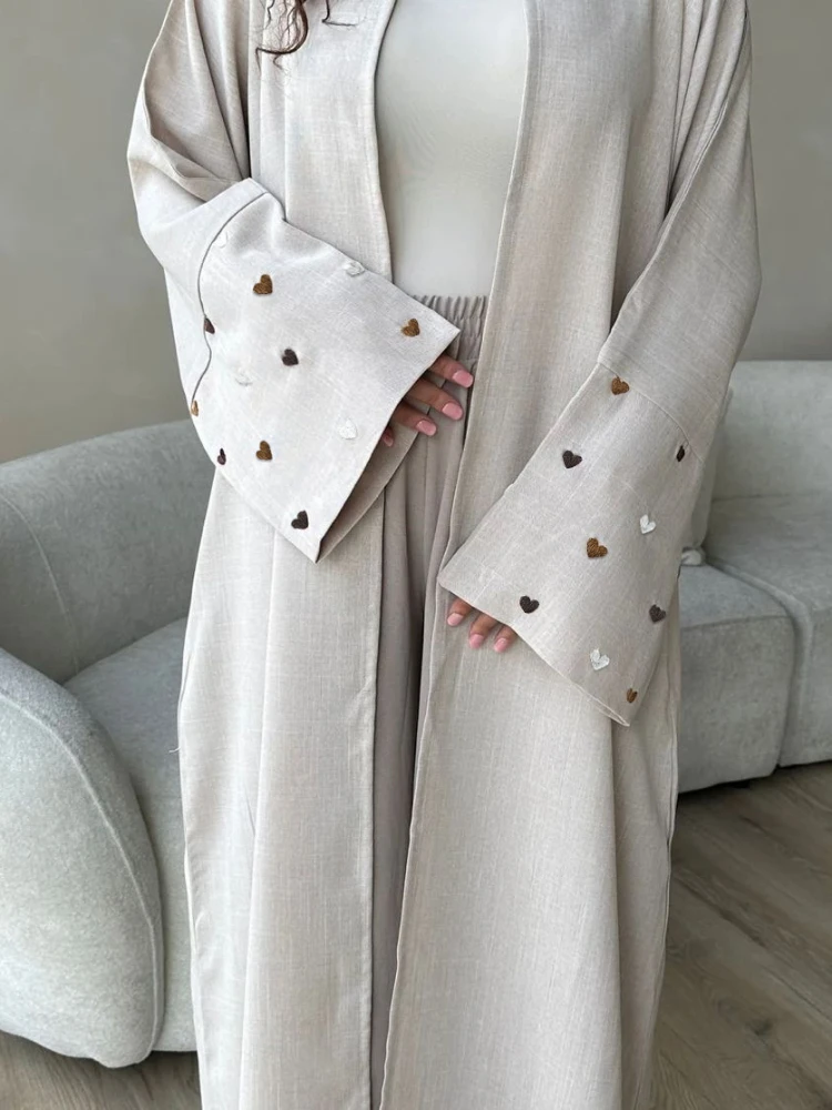 Love Heart Embroidery Muslim Abaya For Women Eid Dress Morocco Ramadan Lace-up Abayas Kaftan Islam Cardigan Dubai Arab Long Robe