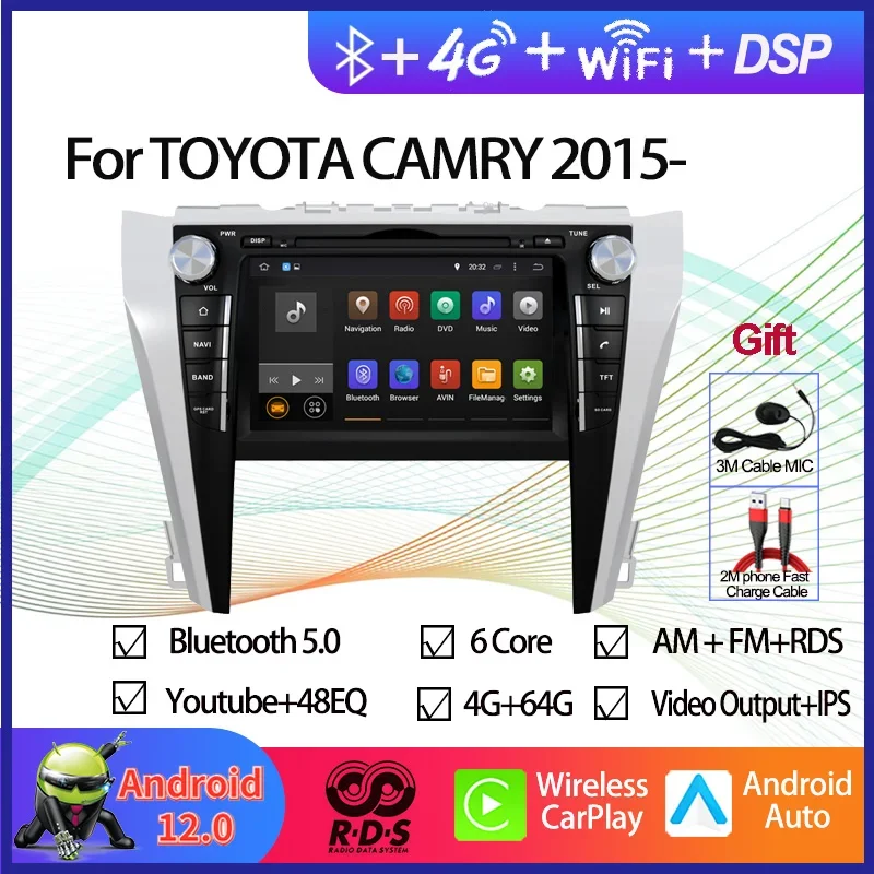 Android 12 Car GPS Navigation Multimedia DVD Player For TOYOTA CAMRY 2015-- Auto Radio Stereo With RDS BT Wifi Aux