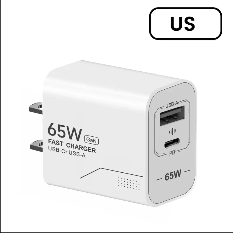 Lenovo 65W GaN USB-C-Ladegerät, 2-Port-Schnellladegerät, Netzteil für iPhone, Samsung, Typ-C, EU/US-Stecker, Wandladegerät