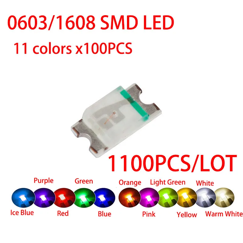 1100PCS=11colors x 100pcs 0603 SMD LED Diode Kit Red/Green/Blue/White/Yellow/Orange/Ice blue/Purple/Pink/Light green/Warm white