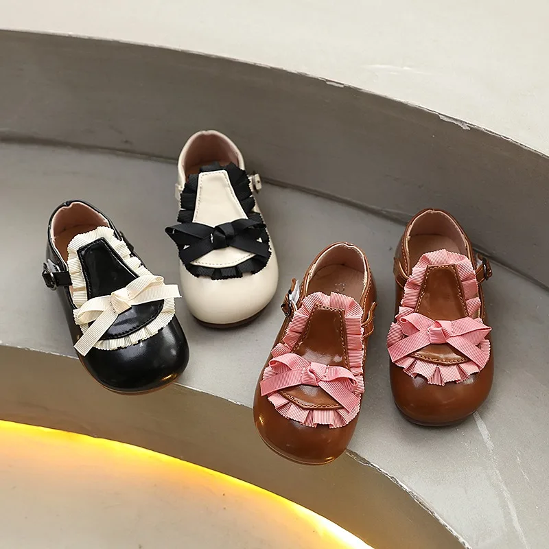 

Elegant Lace Children Leather Shoes Sweet Bowknot Girls Princess Shoes Spring Autumn Trend Fashion Kids Ballet Causal Flat Shoes