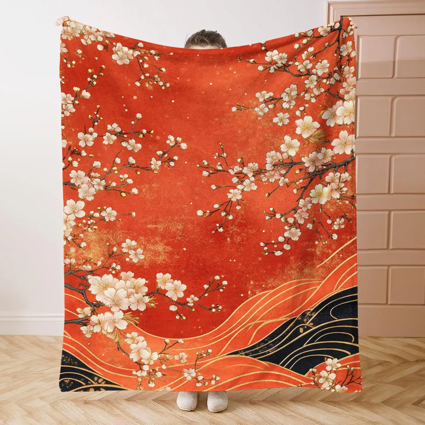 1pc Japanese cherry blossom floral pattern blanket, polyester fabric, machine washable, suitable for bedroom and living room