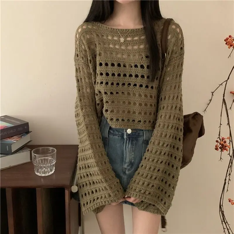 Spring Summer Round Neck Long Sleeve Skeleton Knit Sweater Women Thin Stacked Sunscreen Coverall Loose Short Tops Outerwear