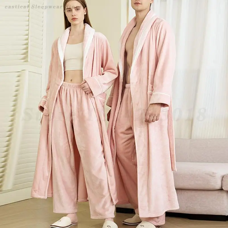 

Winter Flannel 2PCS Long Robe Pajamas Set Couple Sleepwear Women Thicken Coral Fleece Pijama Men Loose Bathrobe Home Clothes