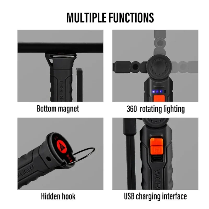 Ładowalna lampa robocza LED Latarka kempingowa Obrotowa głowica z 4 trybami oświetlenia z magnesem Wodoodporne oświetlenie awaryjne