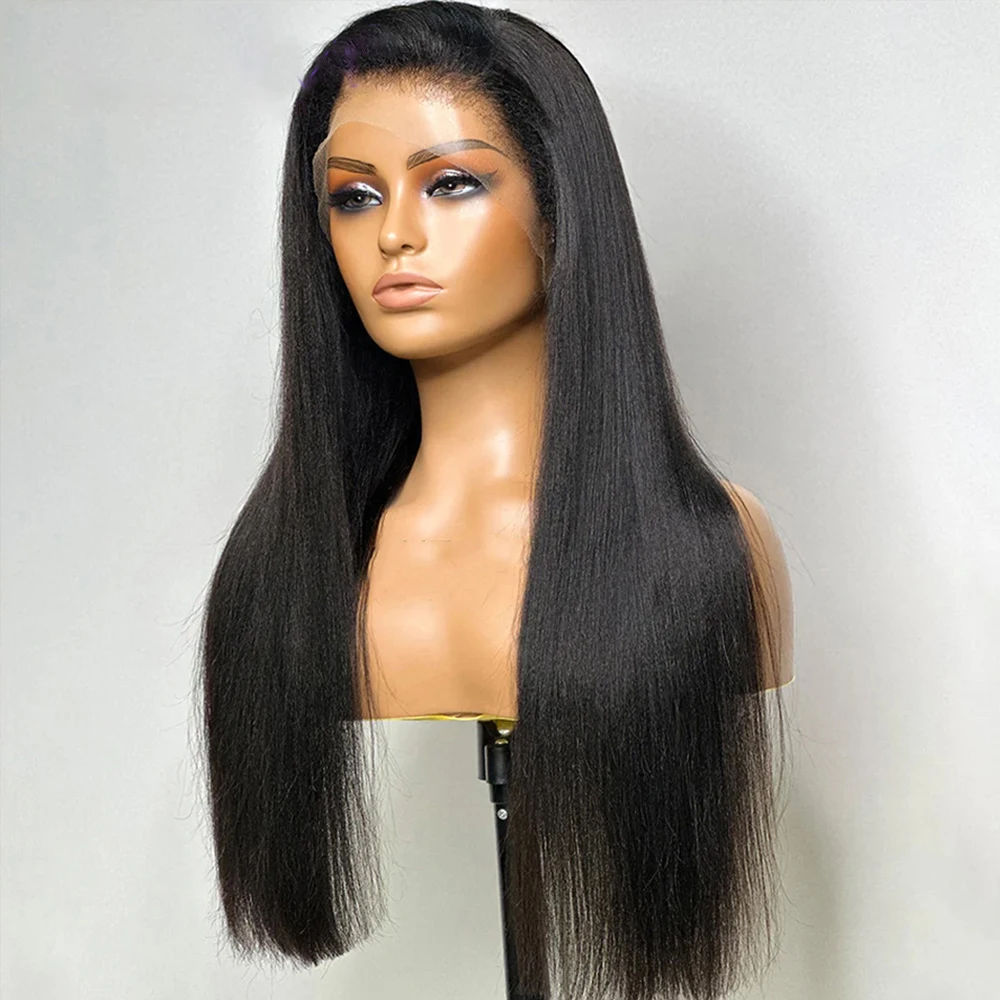 Natural Black Long 28Inches 180% Density Soft Yaki Kinky Straight Deep Lace Front Wig For Women With Baby Hair Preplucked Daily