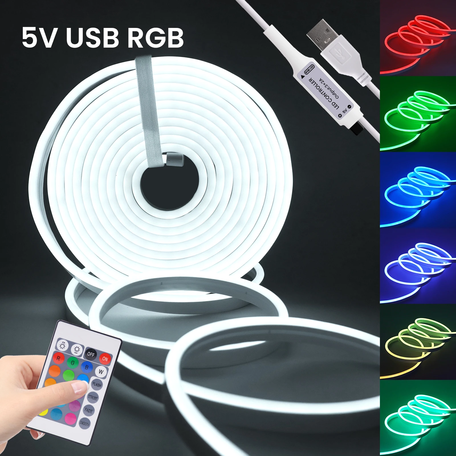 USB RGB LED Neon Light 5V Flexible LED Strip Light with Remote Control 3535 108LEDs Waterproof Neon Silicone Tube for Decoration