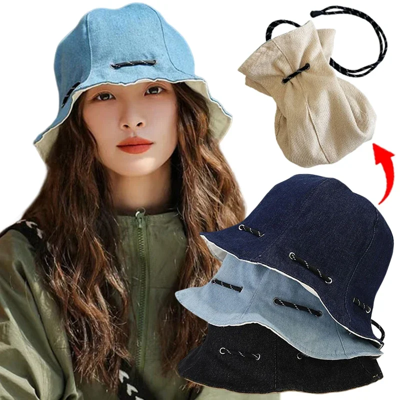 Fashion Korean Style Solid Color Bucket Hats for Women Men Summer Breathable Adjustable Bucket Caps Storage Bag Dual Purpose Hat