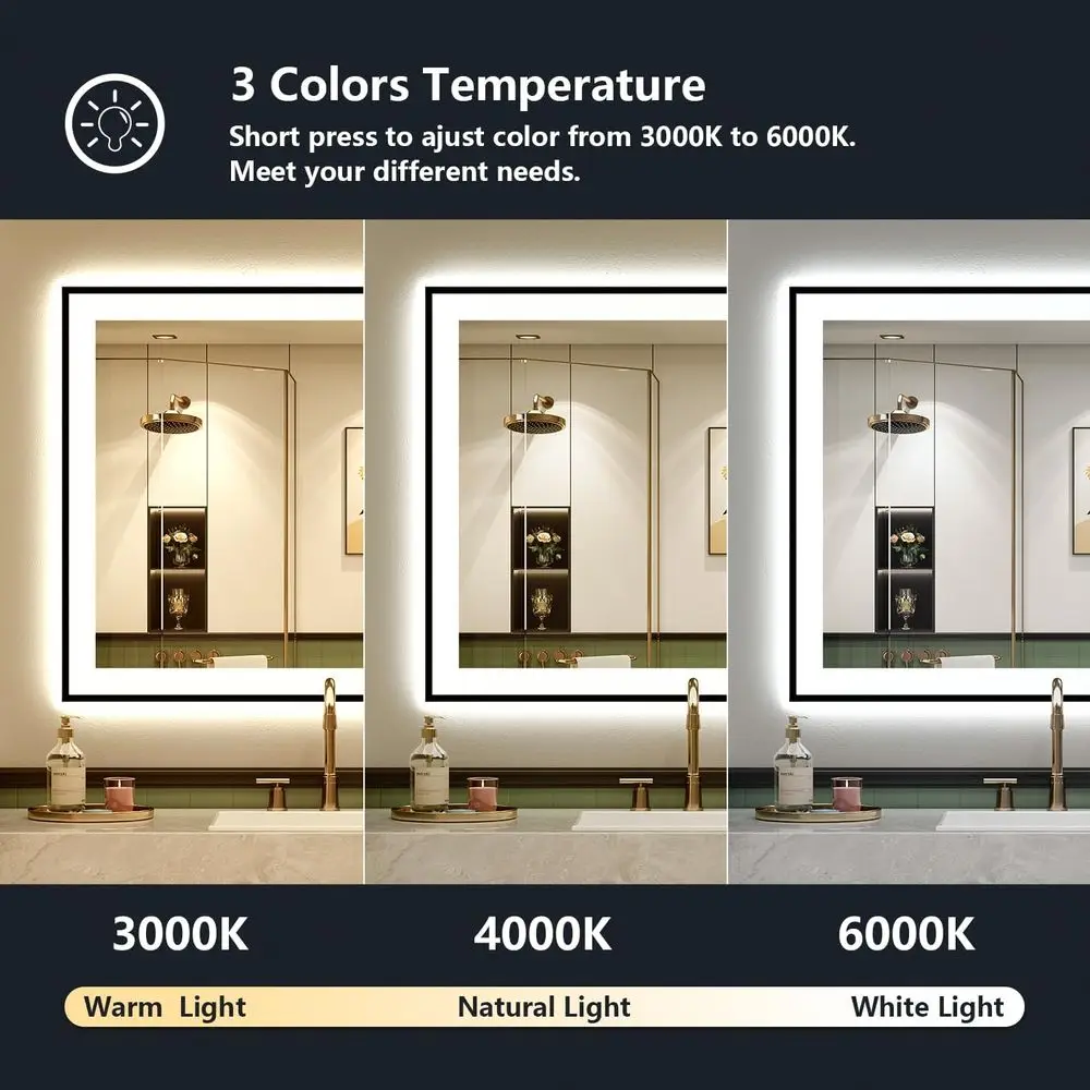 مرآة حمام مضيئة بإضاءة LED، 28 × 36، إطار أسود، قابلة للتعتيم، مضادة للضباب، زجاج مقسى، قابلة للتركيب على الحائط #5