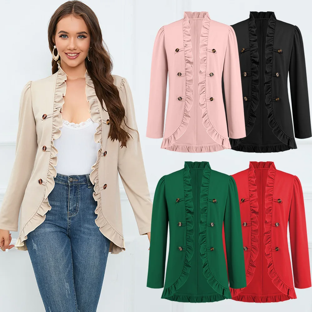 Women's Ruffle Edge Open Button Small Coat 2023 Autumn/Winter New Long Sleeve Short Suit