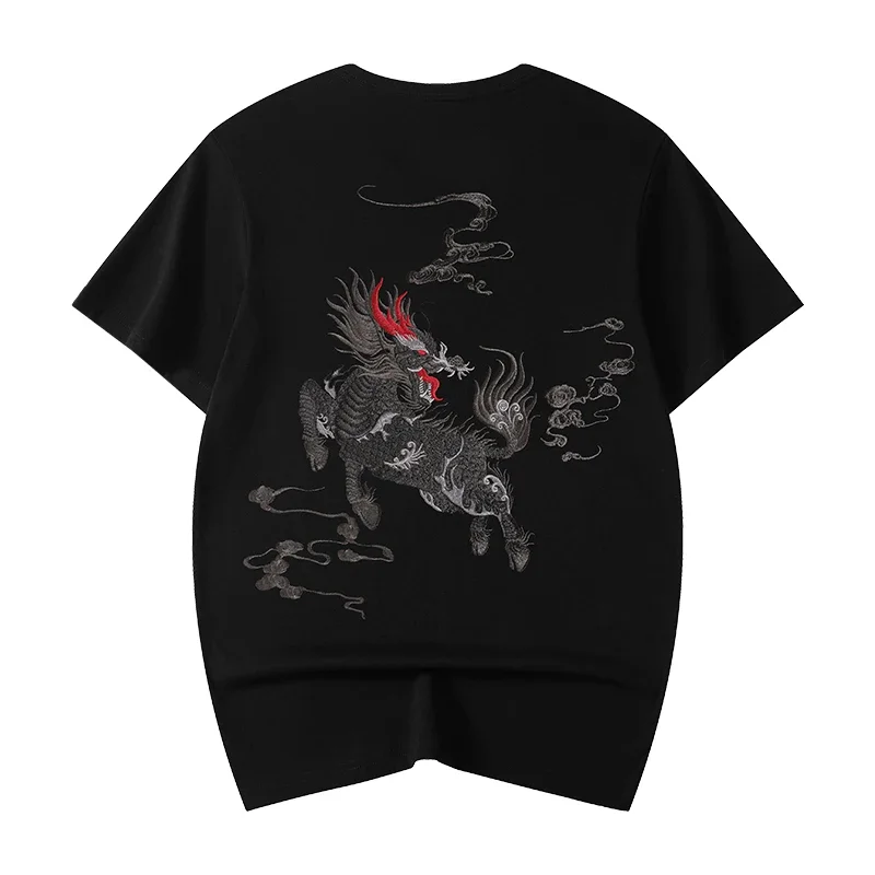 

Chinese Style Heavy Industry Embroidery T-shirt Men's Loose Large Size Heavy Cotton Half Sleeve Short Sleeve