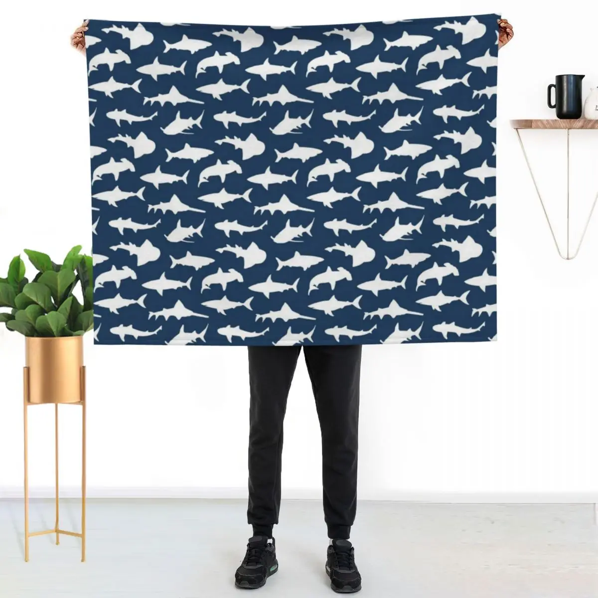 Sharks on Navy Blue Throw Blanket Sleeping Bag Soft Plaid valentine gift ideas heavy to sleep Single cosplay anime Blankets