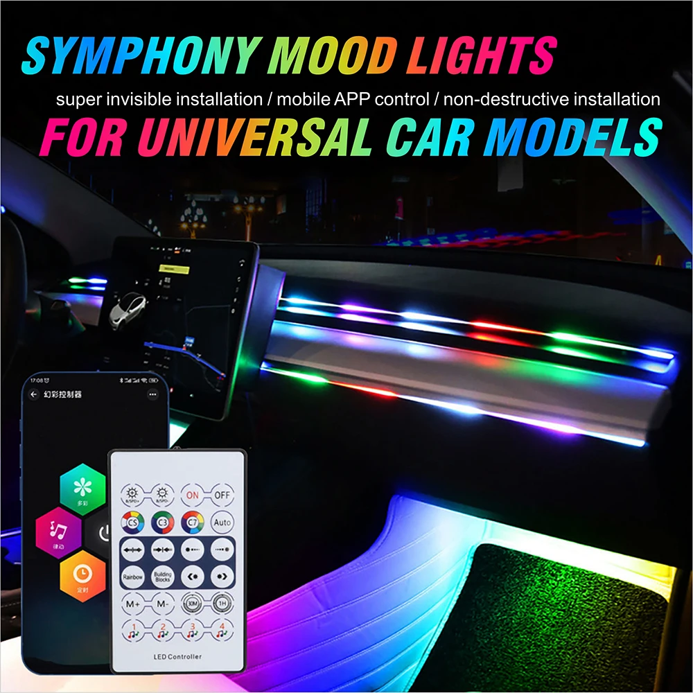 Sterowanie aplikacją USB do oświetlenia ambientowego w samochodach Tesla Model, taśma LED akrylowa RGB Symphony Atmosphere Lamp o długości 110/140 cm.