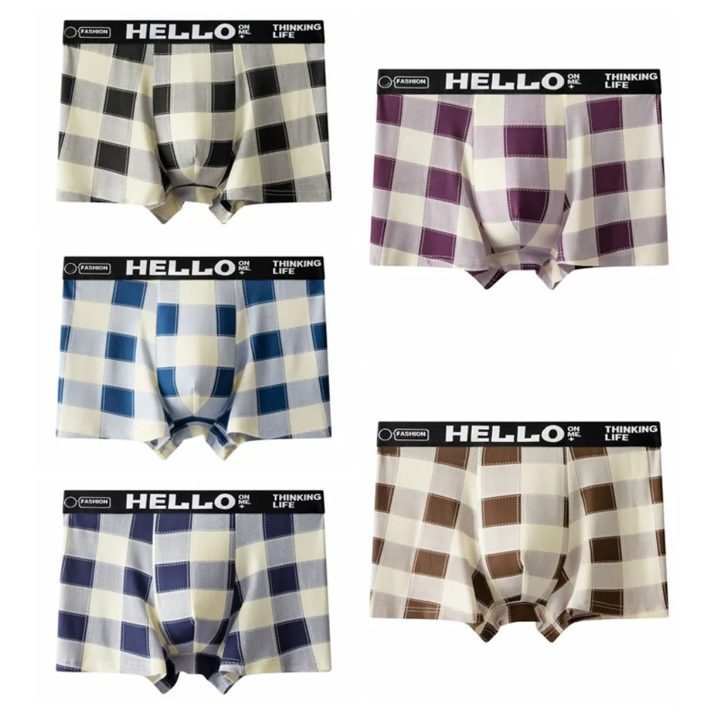

5PCS Fashion Striped Grid Men Underwear Plaid Mid-Waist Boxer Shorts Breathable Elastic Seamless Panties Male