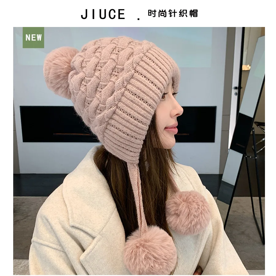 Women's Lazy Style Thick Double-Layer Rabbit Fur Hat Winter Cold-Proof Three-Pile Ear Protection Velvet Face Cover Knitted Cap