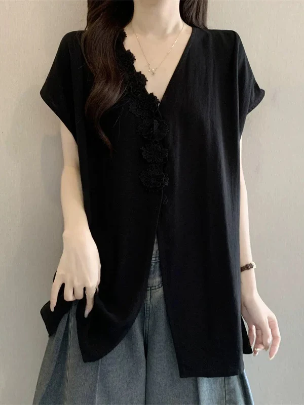 

Slim Fit V-Neck Short Sleeve Shirt Women's Summer New Style plus Size Big MM Mid-Length Top Korean Version Loose Style Commut...