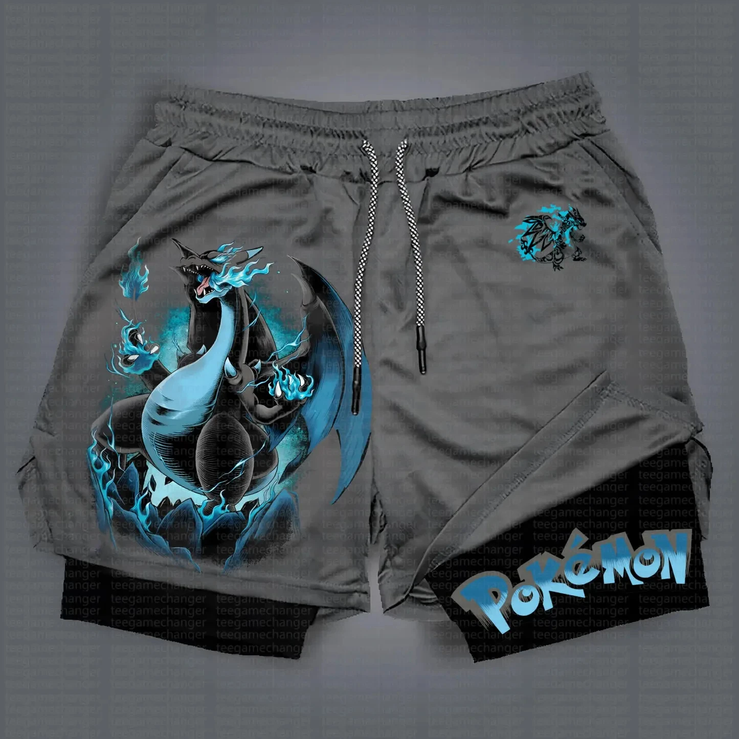 بوكيمون جيم 2 في 1 شورت صيفي/خريفي للرجال والنساء شورت جديد للرياضة واللياقة البدنية الاتجاه الأمريكي بطبقة مزدوجة