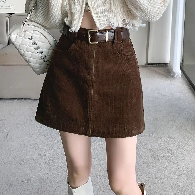 

Women 2024 Autumn Winter Fashion High Waist Corduroy Skirts Female Pockets A-line Skirts Ladies Solid Color Slim Skirts Q655