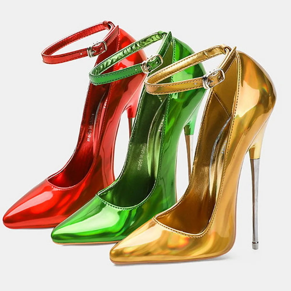 

16 металлических высоких каблуков, женские туфли-лодочки из блестящей кожи, фетиш-одевание для косплея. Острый носок, ремешок с пряжкой на щиколотке, красный, лазерный цвет