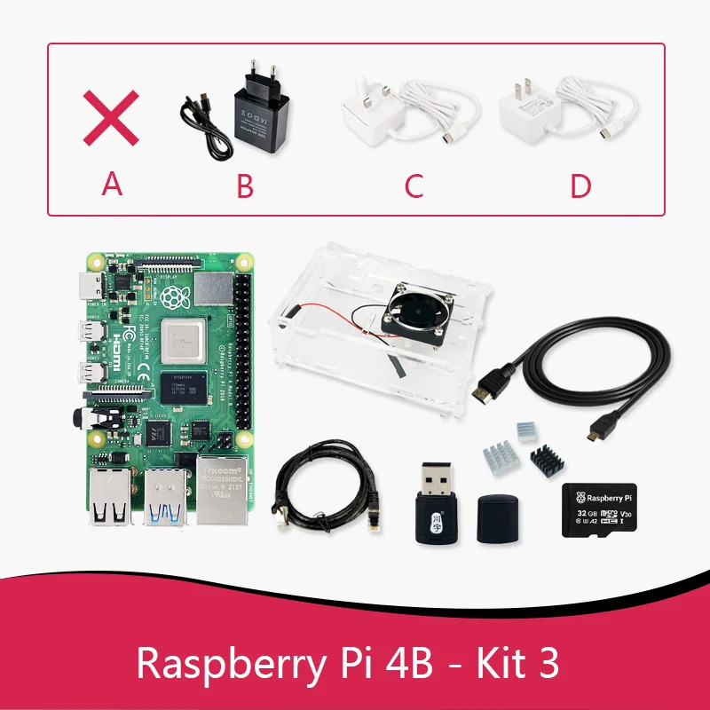 Kit Raspberry Pi 4 3,4 (boîtier + ventilateur + carte SD 32 Go + alimentation + micro câble ou écran), carte PI 4B ARM 1 Go 2 Go 4 Go 8 Go plus rapide STOR3B +