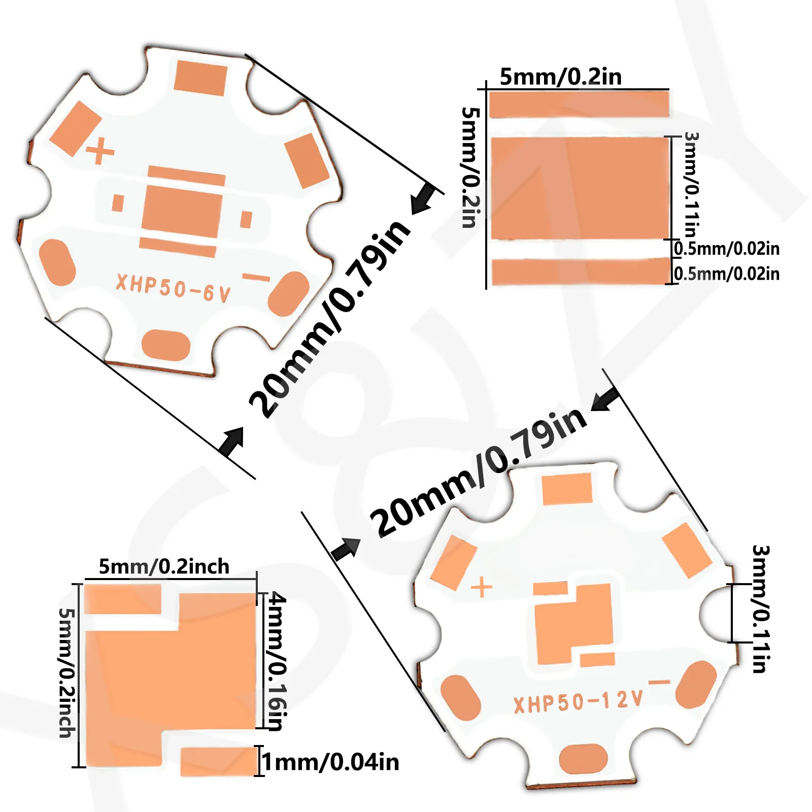 5pcs LED PCB High Power DC6V DC12V XPH50 XPH70 LED Heat Sink Copper Substrate 20mm Use Flashlight Base Plate Replace Accessory