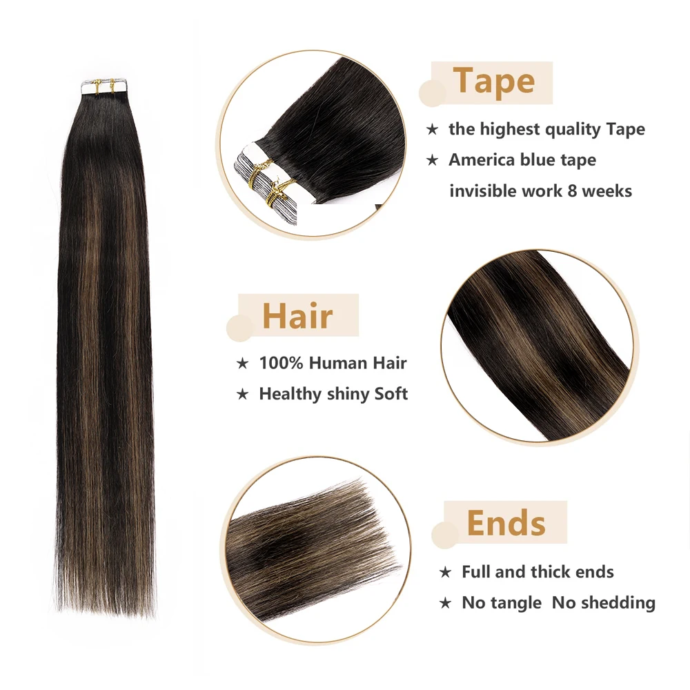 100% Real Hair Tape In Hair Extensions 20pcs/Pack Straight Black with Brown Hair Tape In Human Hair Extension For Women 22Inch