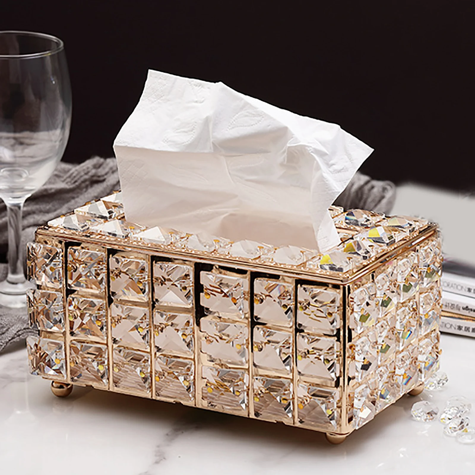 

Bymaocar Golden Office Bathroom Rhinestone Tissue Box Wedding Desktop Crystal Napkin Paper Storage Holder Case with Cover