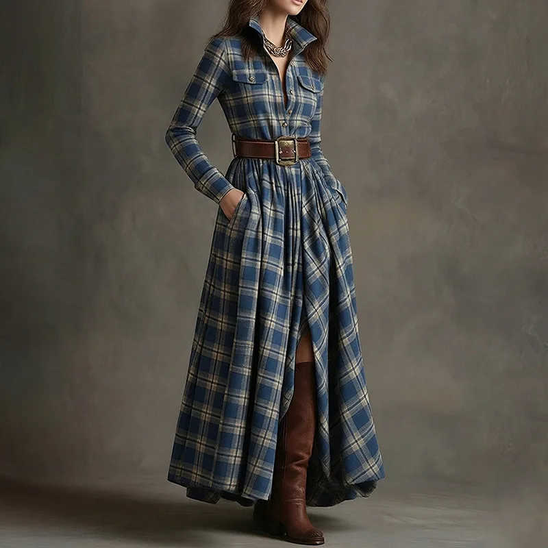 Abito lungo con stampa a quadretti retrò Donna Elegante colletto rovesciato Abito lungo con bottoni Abito Boho con tasca a maniche lunghe primaverili