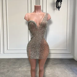 Luxury See Through Heavy Crystals Birthday Gowns Sparkly Silver Mini Black Girl Short Prom Dresses 2026