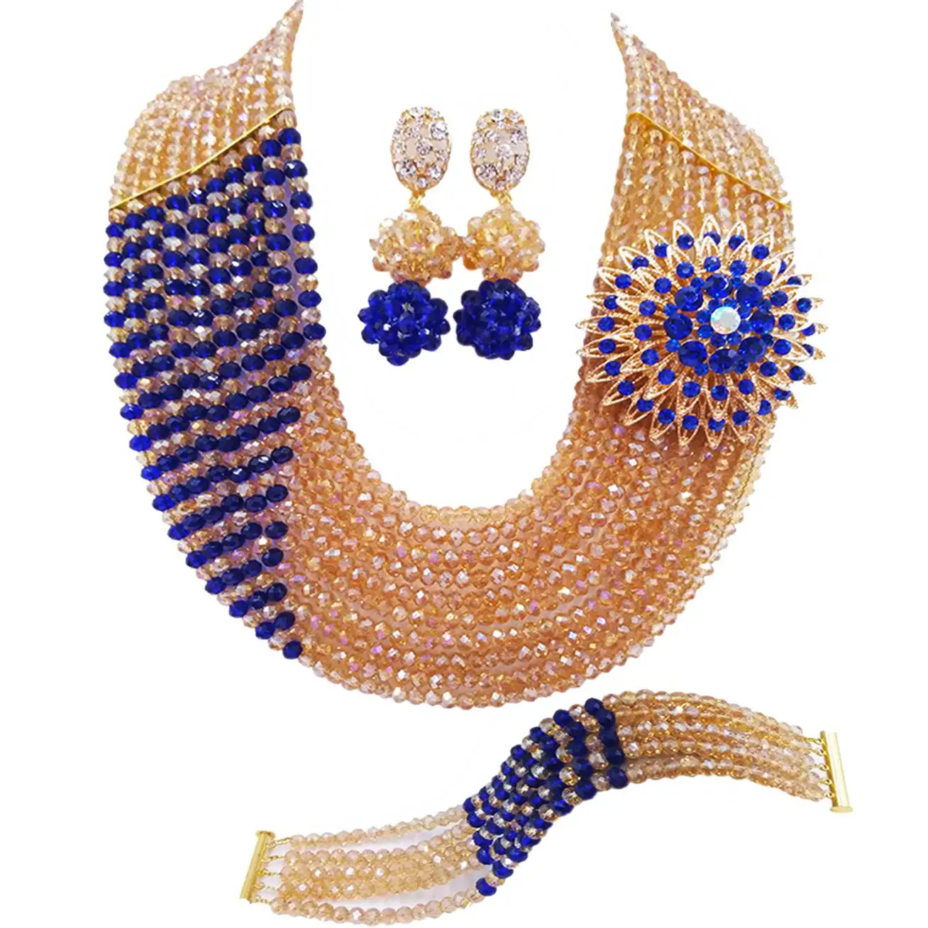 Nigerian Bride Wedding Dress Accessories Gold ab and Royal Blue Crystal Necklace African Wedding Couple Jewelry Set YY-44