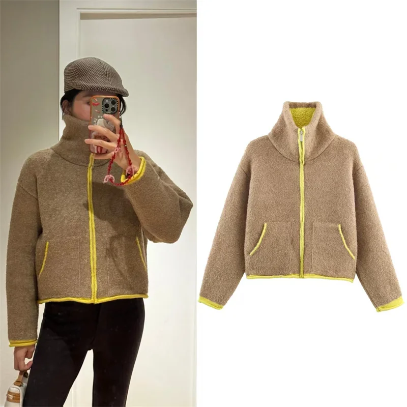 

Women's Coat 2025 Autumn New Style Camel Long-Sleeve Color-Block Decorative Simple Warm Knit Cardigan Coat Casual Fashionable
