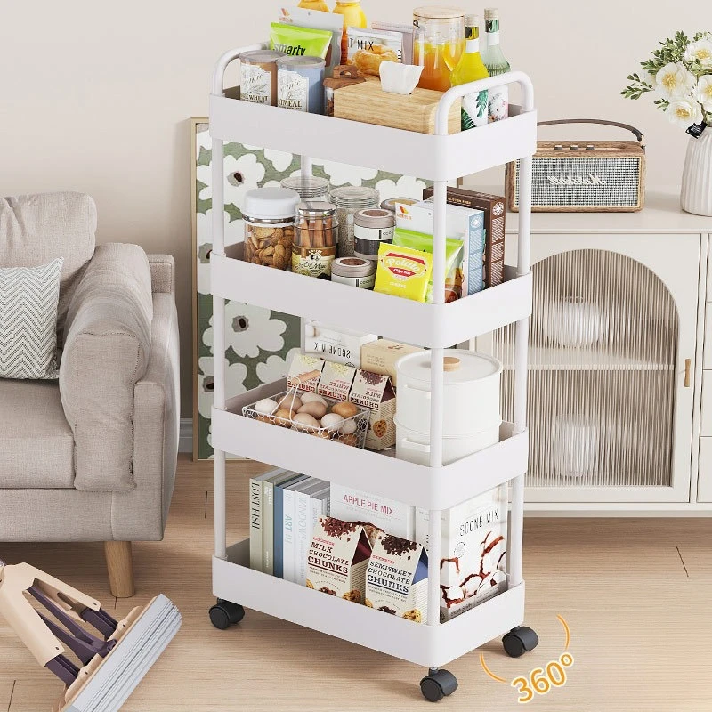 Estante de almacenamiento con ruedas, estante para aperitivos de cuatro capas para suelo de cocina y dormitorio, estante de almacenamiento móvil para productos para bebés para el hogar