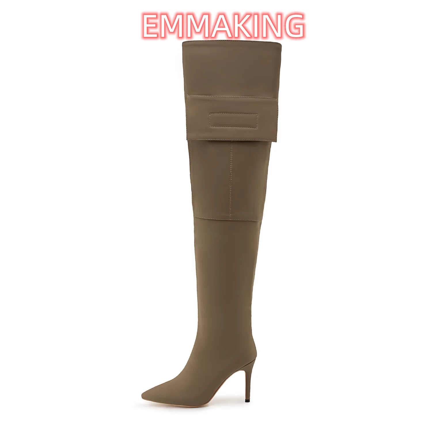 Temperament Pointed Toe Over-the-knee Boots Slip-on Stiletto Brown Elastic Boots Pu Leather Pocket Trendy Boots Large Size 34-46