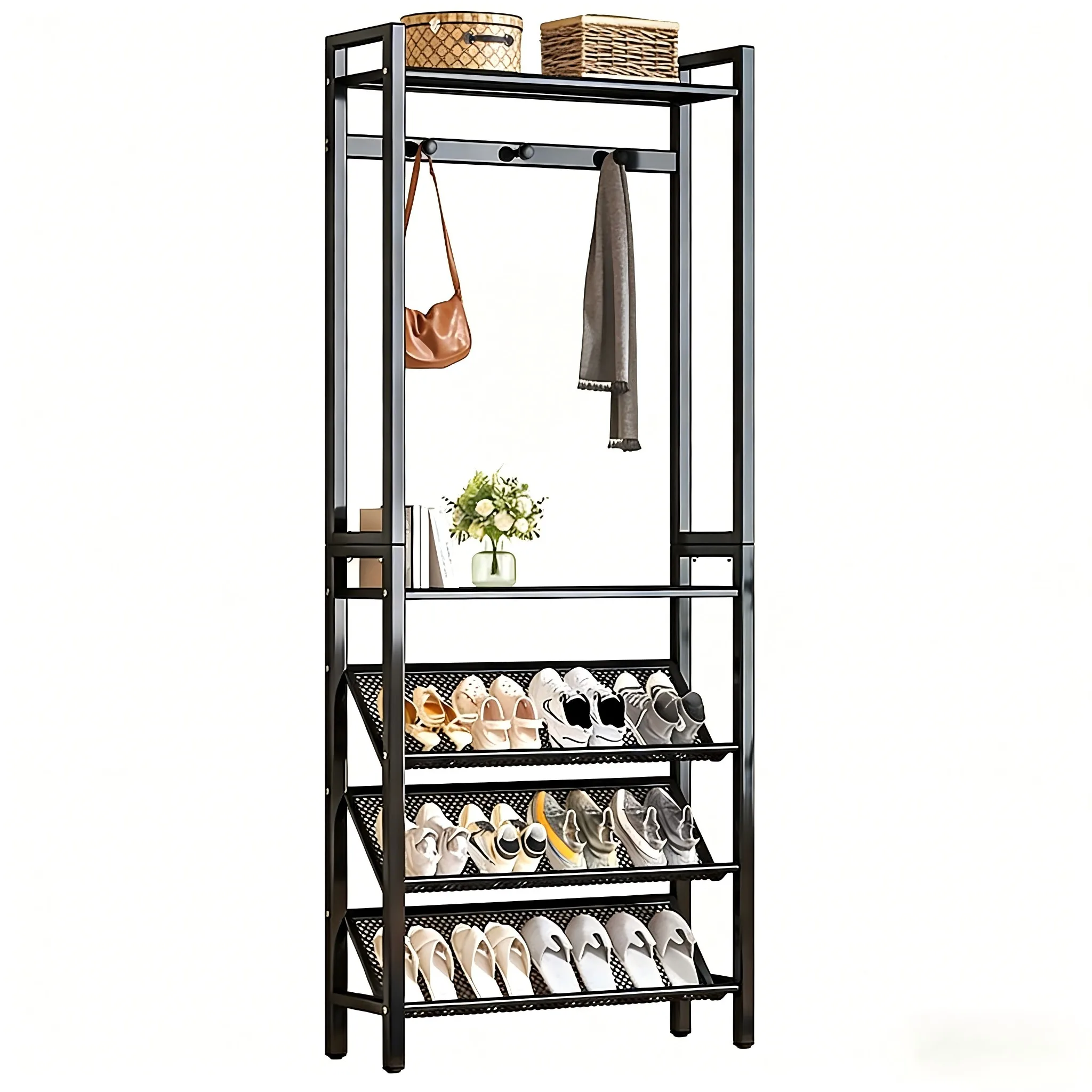 Schuhschrank mit Kleiderhaken, 180cm Eingangsbereich-Organizer für Schuhe, Taschen und Accessoires, Metall-Aufbewahrungsregal mit Kleiderstange