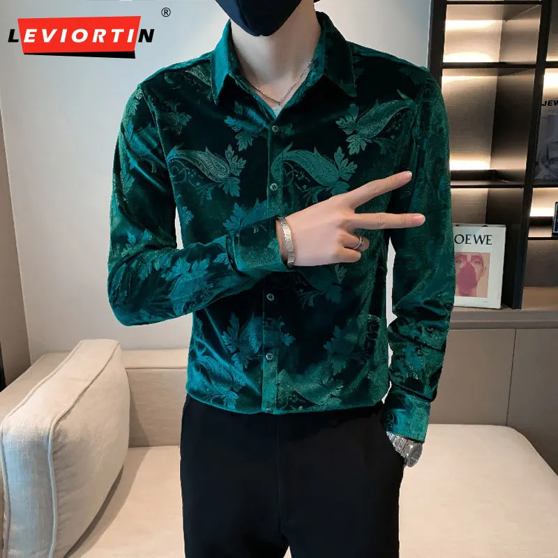 

2023 Spring New Men's Korean Velvet Long sleeved Shirt Social Guy Style Pippy Handsome Slim Fit Men's Long sleeved Shirt M-4XL