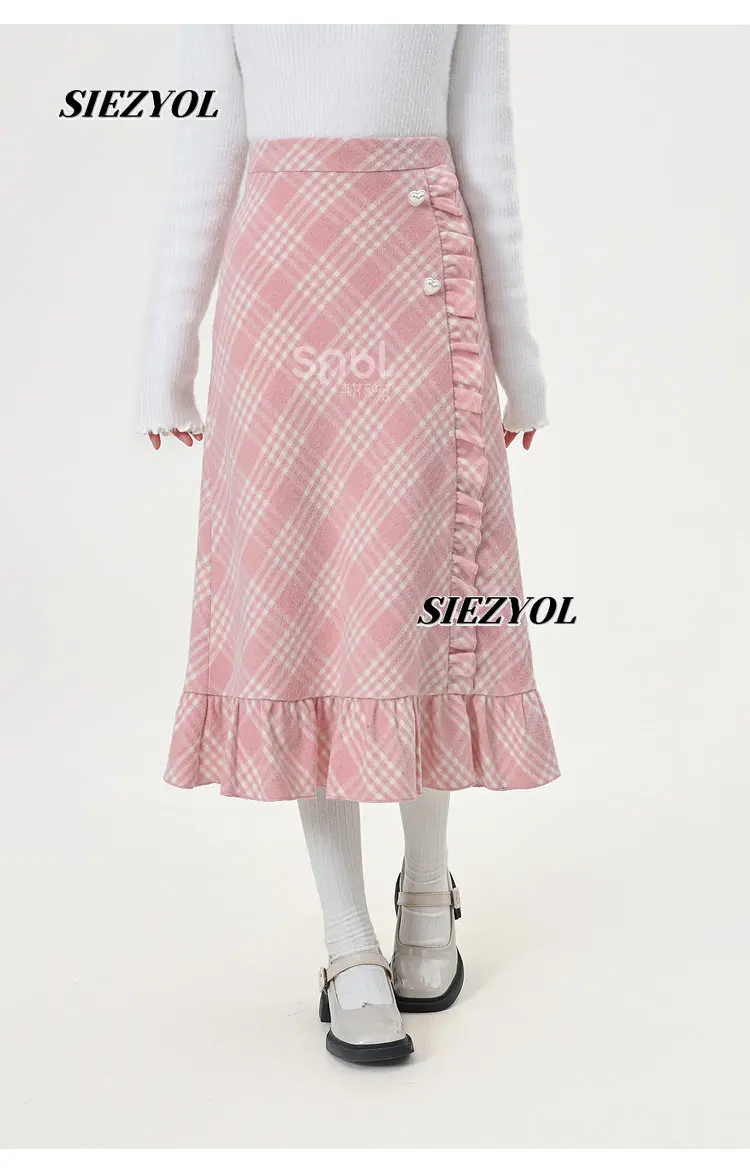Original Plaid Pink Long Skirt Autumn New Fashion Versatile Cute Girls High Waist Lace Sweet A- Line Hip Umbrella Maxi Skirts