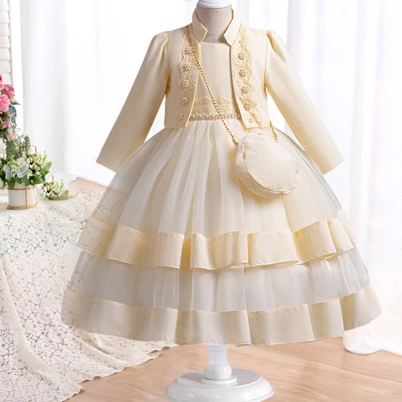 2024 New Baby Dress Long sleeved Birthday Party Elegant Evening Dress Performance Fluffy Girl Princess Dress