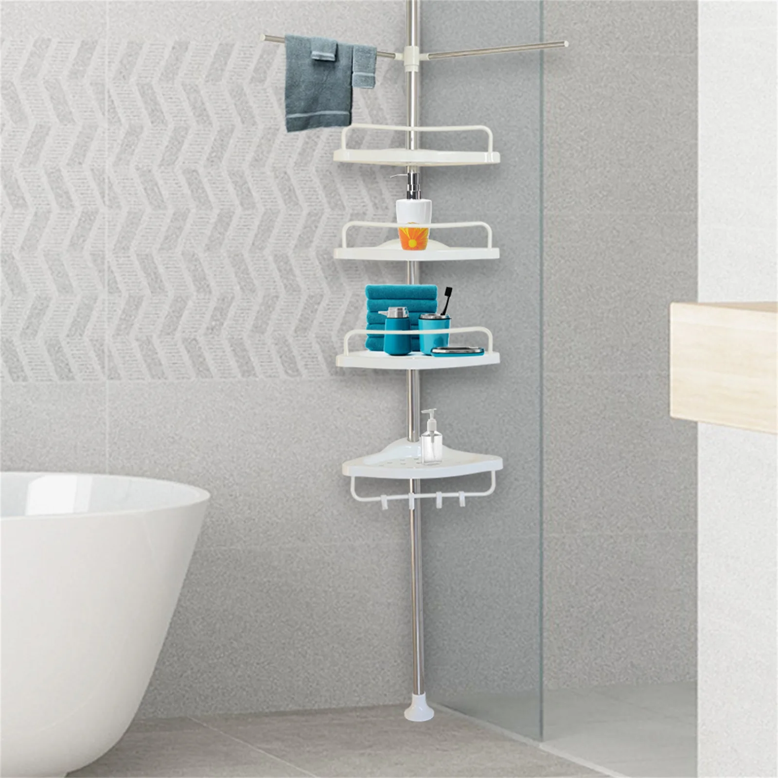 4 Tier Bathroom Corner Shower Caddy - Tension Pole Rust Proof Telescopic Rod Storage Rack Organizer Corner Shower Organizer