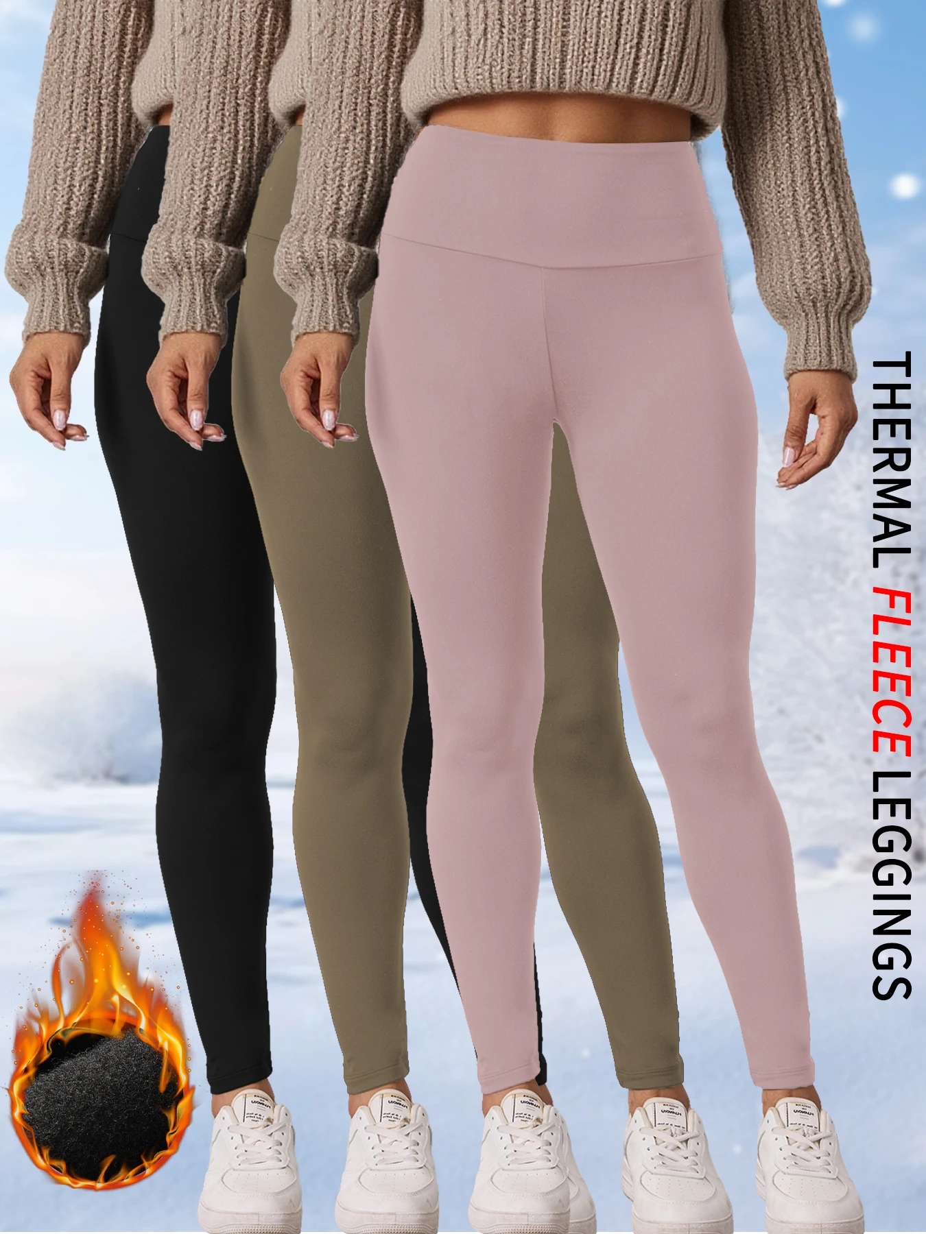 

3 pack High waisted thermal leggings with plush fleece lining. Designed for women's winter workouts and yoga in cold climates