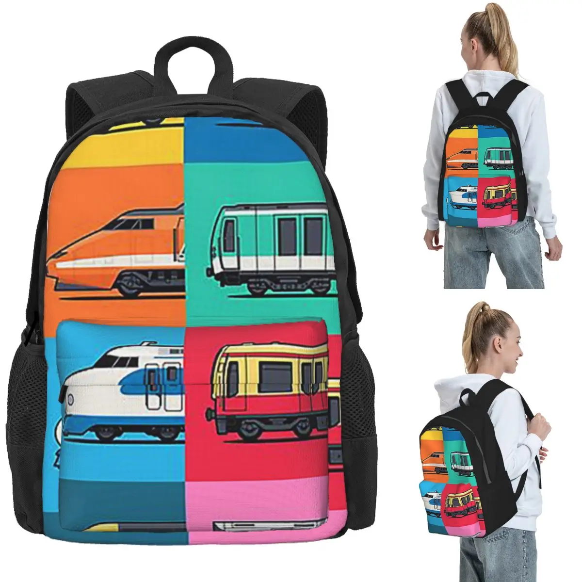 

World Trains Grid Pattern Backpack Daypack Large Capacity Children BookBag School Bag Shoulder Bags for Men Women