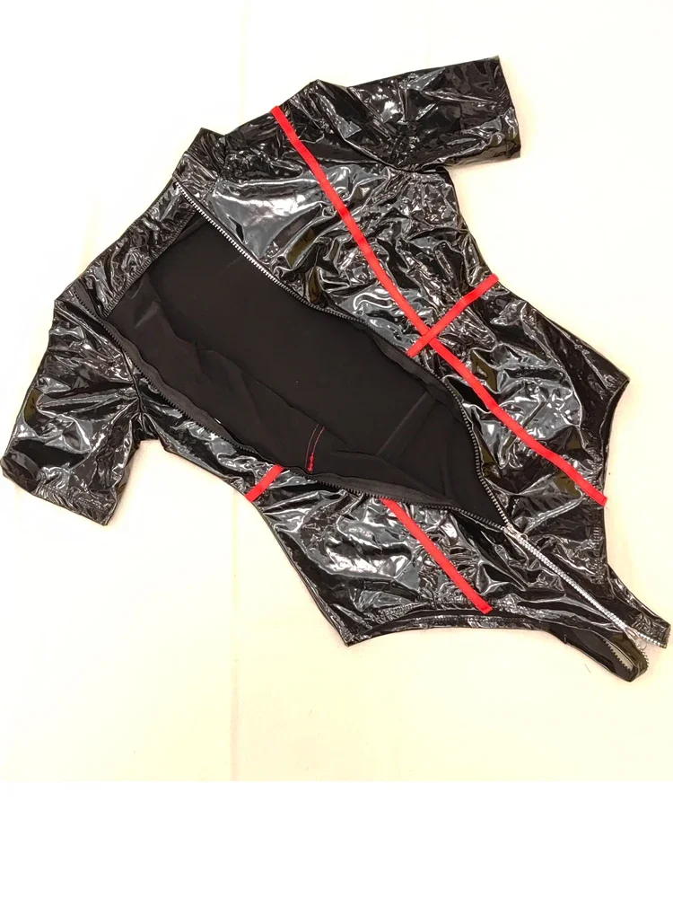 Mono de PVC de manga corta con efecto húmedo para mujer, talla grande, con 3 cremalleras en la entrepierna, body de cuero sintético brillante, mallas, disfraz de cosplay, leotardo, ropa de sirvienta.