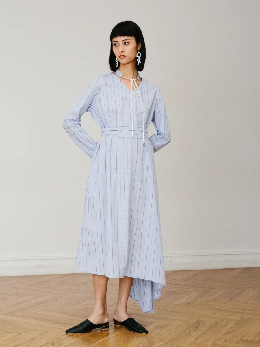 

Оригинальный дизайн: Женское миди-платье в полоску с длинным рукавом, завышенной талией, приталенное, А-силуэт, из хлопка, с V-образным вырезом, для офиса и повседневной носки