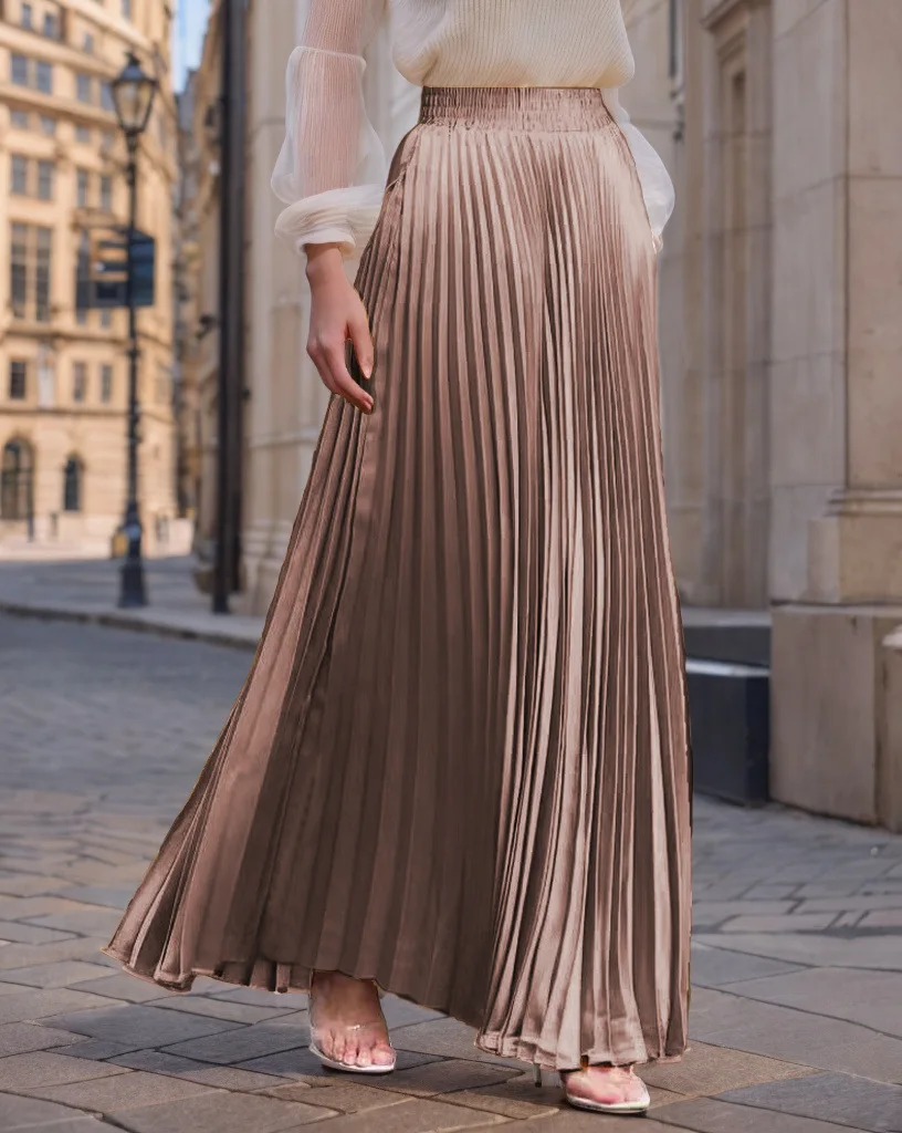 2026 New Spring Summer For Women 22 Solid Colors Midi Flowing Draped Large Hem Long High Waist Pleated Skirt Sweet Elegant