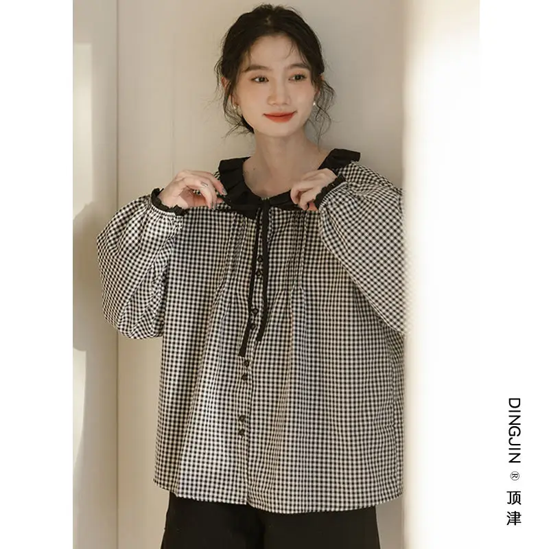 Plaid Patchwork Lacing Shirt Tops Long Sleeve Button All-match Youth Vintage Blouse Spring Autumn Sweet Fashion Women Clothing