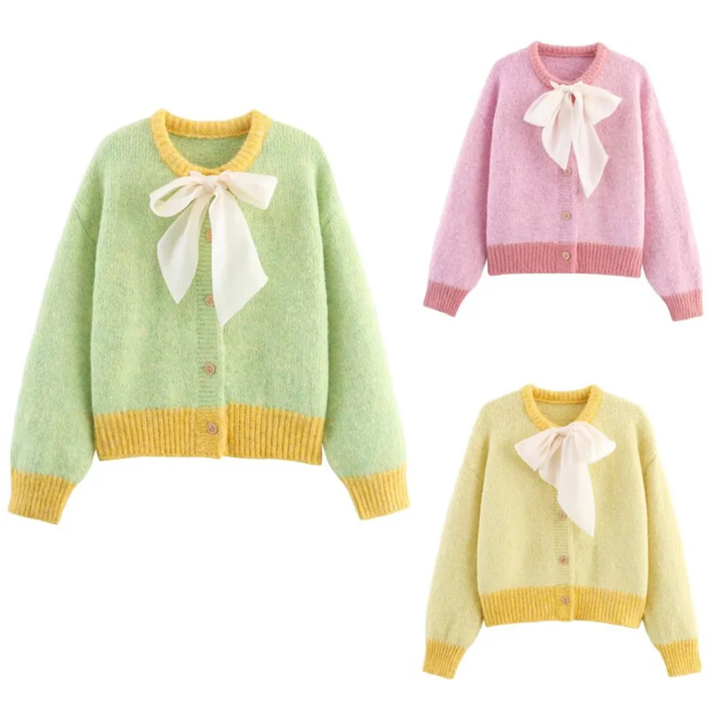 

New women's clothing European and American style fashionable simple bow decoration knitted cardigan