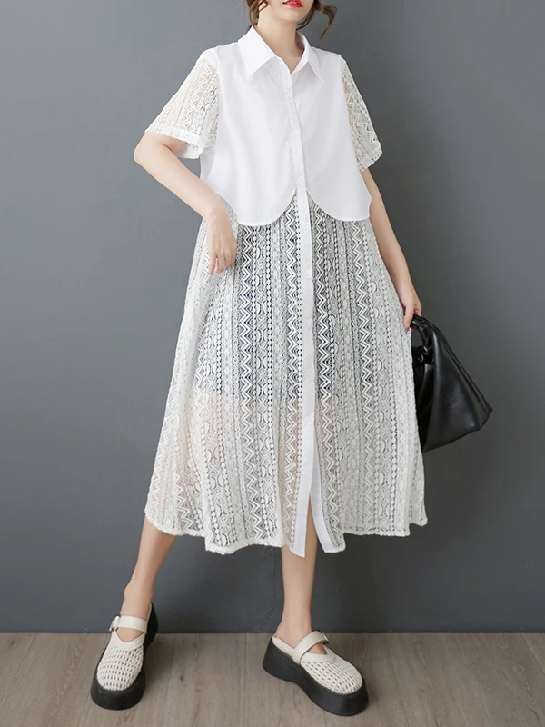 

Elegant Lace Splice Loose Women's Shirt Dress Summer 2025 Fashion Design Sense Casual Atmosphere Short Sleeve Collar