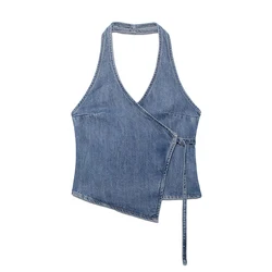 Willshela moda damska Denim niebieska bandażowa bluzka z odkrytymi plecami Vintage Halter Neck bez rękawów kobiece eleganckie bluzki damskie