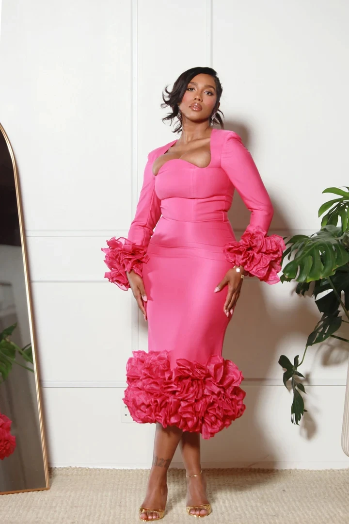 Fashion Fuchsia Stretchy Mid Calf Women Maxi Dresses Full Sleeves RufflesTrimmed Wedding Guest Party Dresses