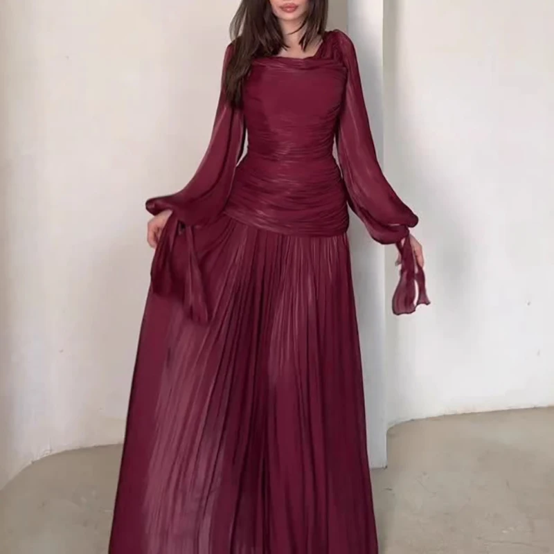 

Весенне-летнее платье с круглым вырезом и длинными рукавами для банкетов, модное женское платье с высокой талией и плиссировкой, новое атласное приталенное повседневное платье для праздников