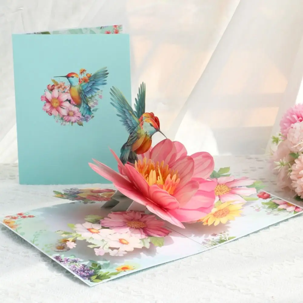 Postcard Foldable Hummingbird Flower Greeting Card Romantic Handmade 3D Pop Up Gift Card Elegant Paper Message Card Anniversary